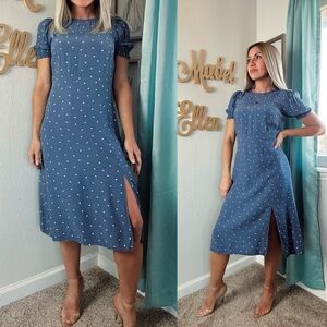 LOFT Blue and White A-Line Midi Dress with Puff Sleeves petite 4